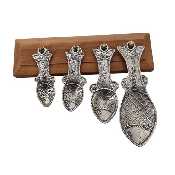 Fish-Shaped Pewter Measuring Spoons With Wooden Wall Holder - Picture 1 of 4